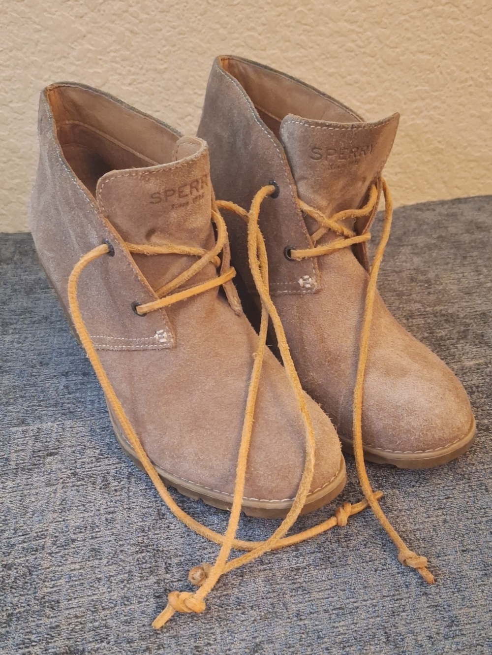 Sperry Taupe Suede Chukka Wedge Boots with Tan Laces
